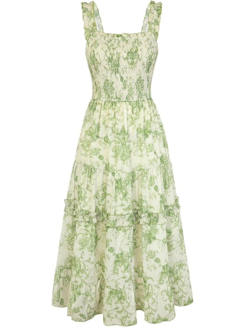 Women's Floral Dress Flowy Sundress Smocked Green Grass Cottage core Dresses